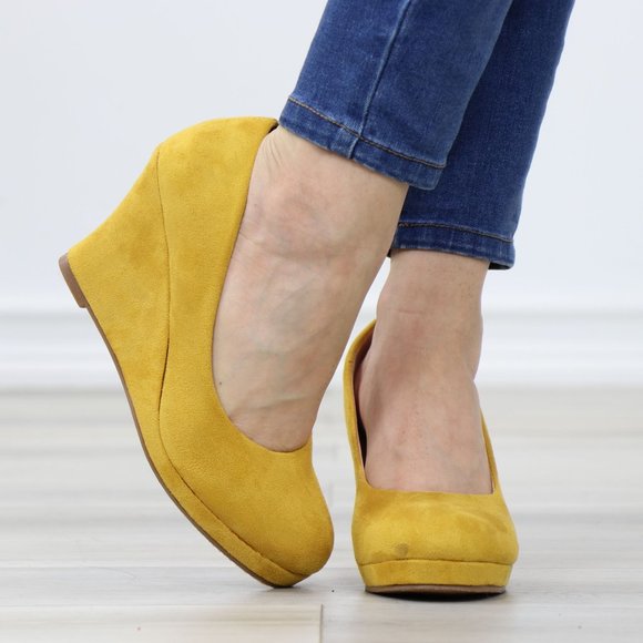Mustard Faux Suede Close Round Toe Wedge High Heel - Picture 10 of 11